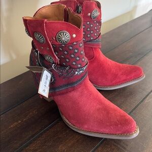 NWT Dingo Red Ankle Boots with Bandana Detail